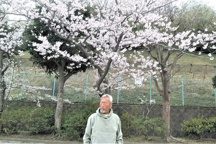 満開の桜の前で「ちょい悪」ポーズの木戸修氏【写真：柴田惣一】