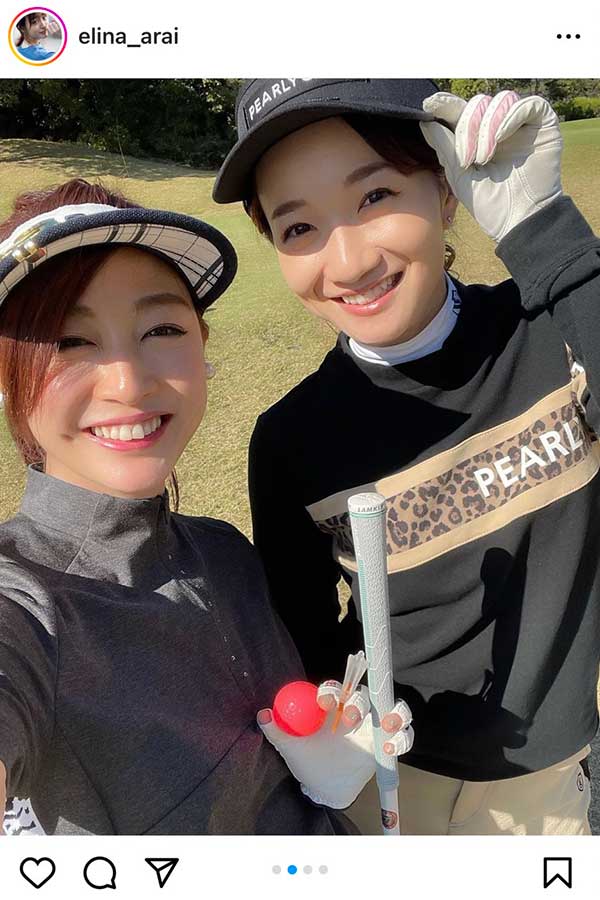 ゴルフを楽しんだ新井恵理那（左）と松原江里佳【写真：インスタグラム（@elina_arai）より】