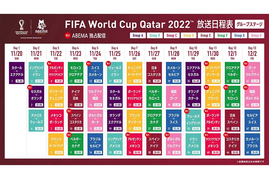 ABEMAでの「FIFAワールドカップ カタール2022」の放送日程表【画像：(C)AbemaTV, Inc.】
