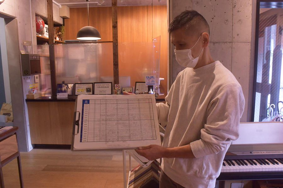 予約で埋まった表を見せるカンガルーホテルの小菅文雄さん【写真：ENCOUNT編集部】