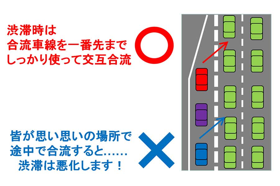 NEXCO中日本 八王子支社の公式ツイッターが紹介した渋滞する道路に合流するときの注意点【写真：ツイッター（@c_nexco_hachi）より】