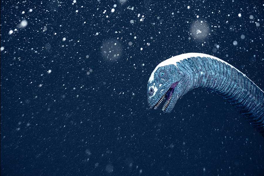 「ホントに氷河期みたい」　寒波の恐竜像、まるで本物の衝撃　撮影したプロのこだわりとは？