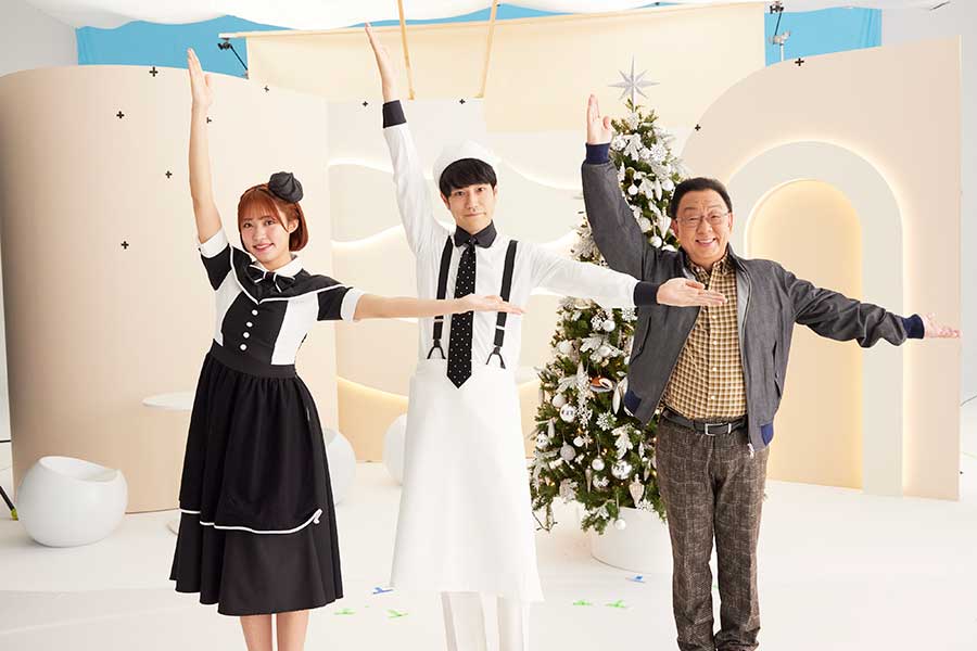 王林、松山ケンイチ、梅沢富美男（左から）が出演する新テレビCMの放送が開始