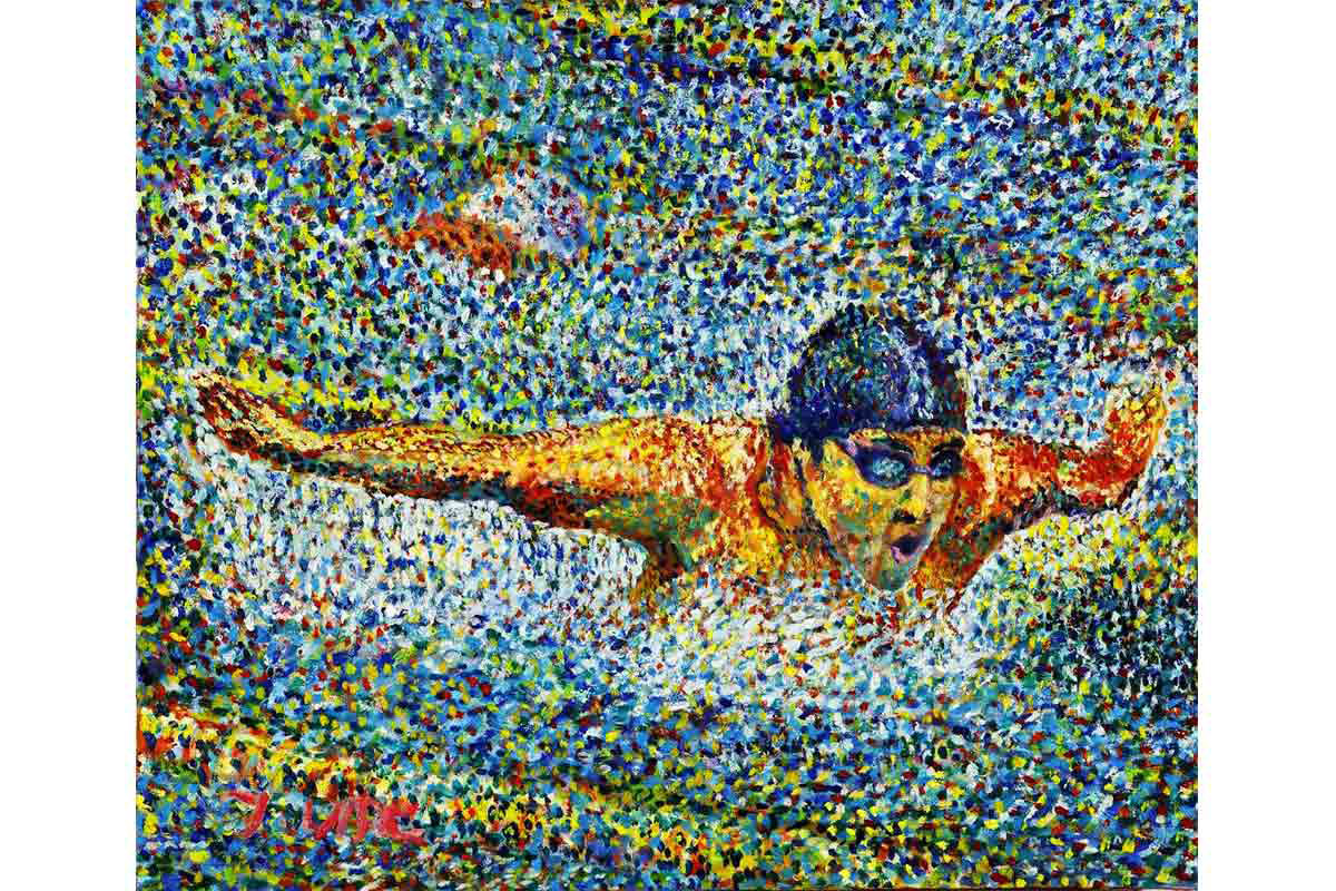 競泳の躍動感を表現した【写真：口と足で描く芸術家協会】