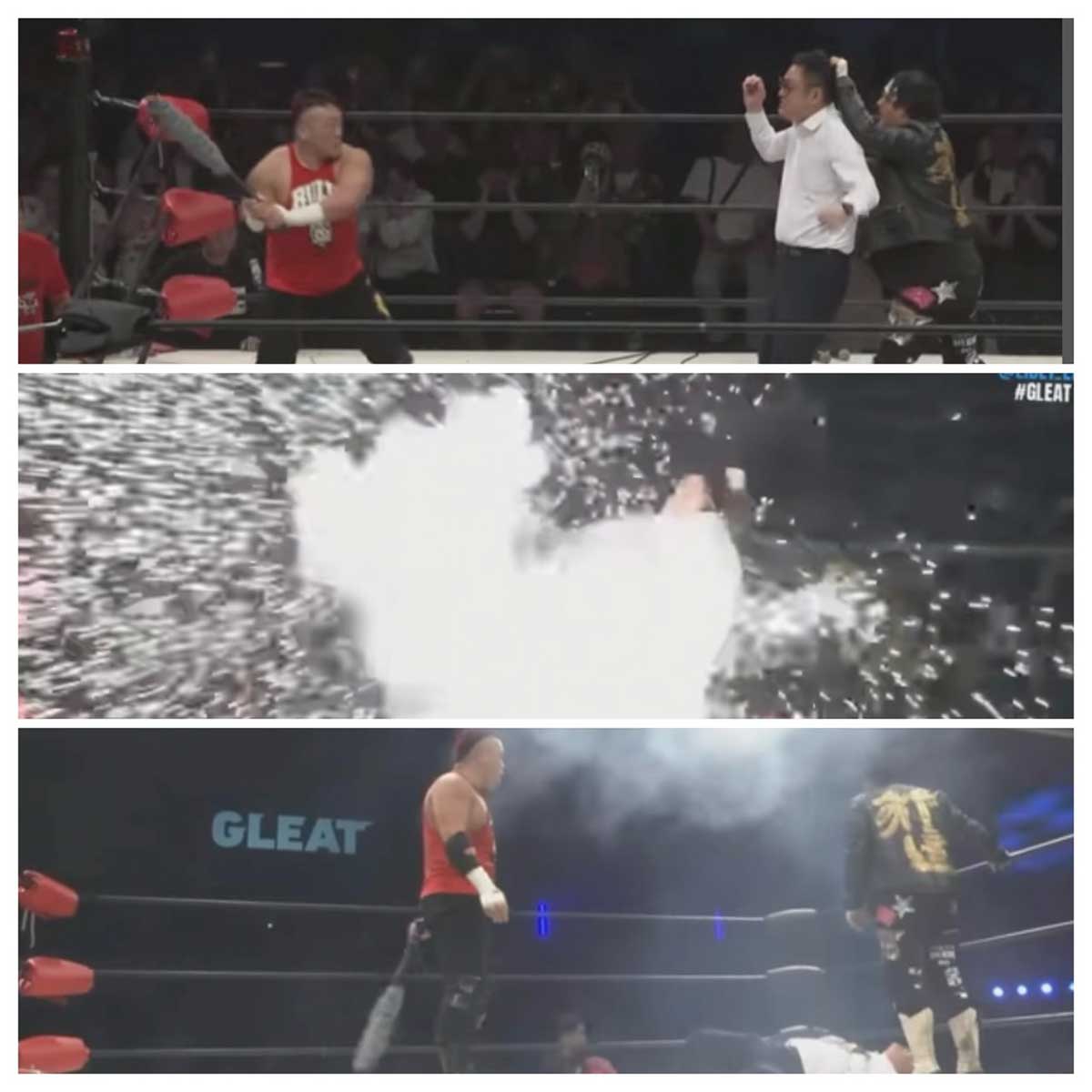 河上隆一の有刺鉄線バットで爆破される鈴木社長（2024年6月、名古屋）