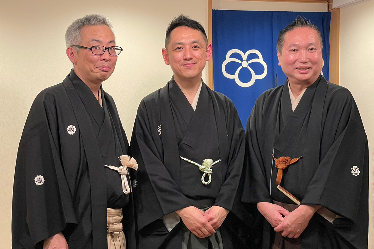 新役員発表会見に出席した三遊亭萬橘、三遊亭円楽、三遊亭楽麻呂（左から）【写真：ENCOUNT編集部】