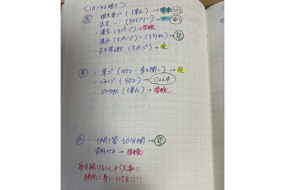 加納美月アナ、受験生時代にメモしていた「1日暗記計画」【写真：本人提供】